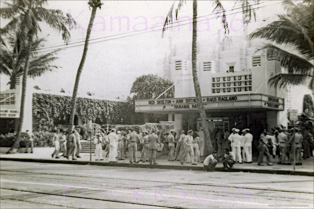 The art-deco Waikiki Theater on Kalakaua Avenue across from the Royal Hawaiian Hotel, 1943.