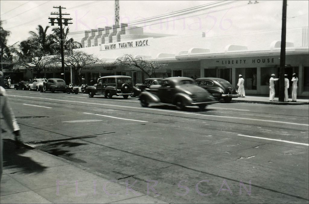 Liberty House department store on the mauka side of Kalakaua Avenue in the Waikiki Theatre Block, 1944