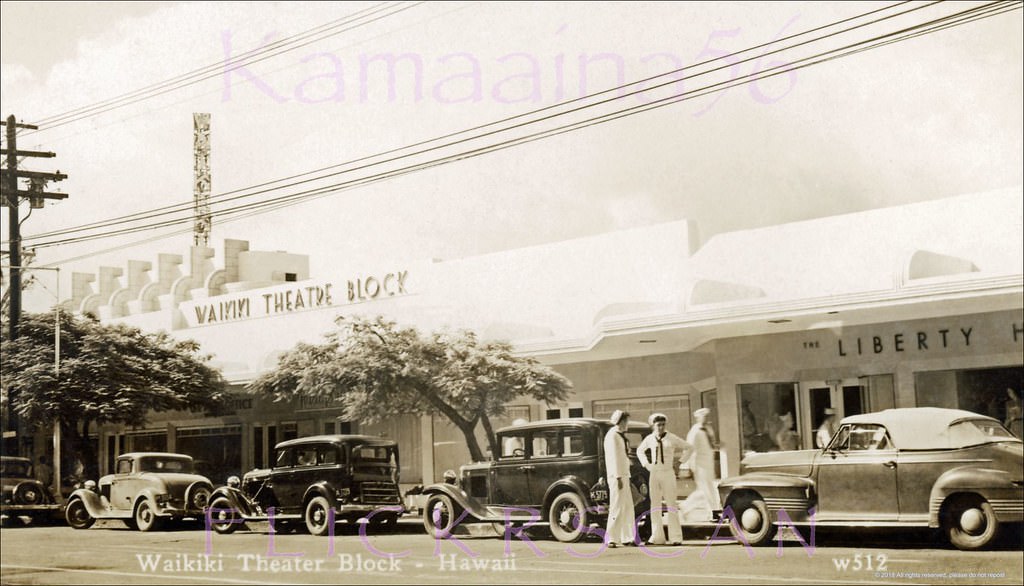 The Waikiki Theater Block on the mauka (inland) side of Kalakaua Avenue between Kaiulani and Seaside Avenues, 1940s