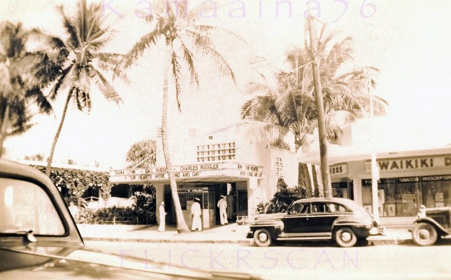Sailors at the Waikiki Theater on Kalakaua Avenue, 1940s
