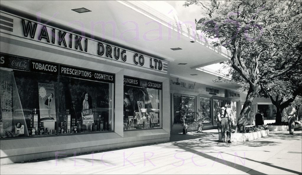 The old Waikiki Drug Co. on Kalakaua Avenue between the Waikiki Theater and Liberty House Waikiki, 1946