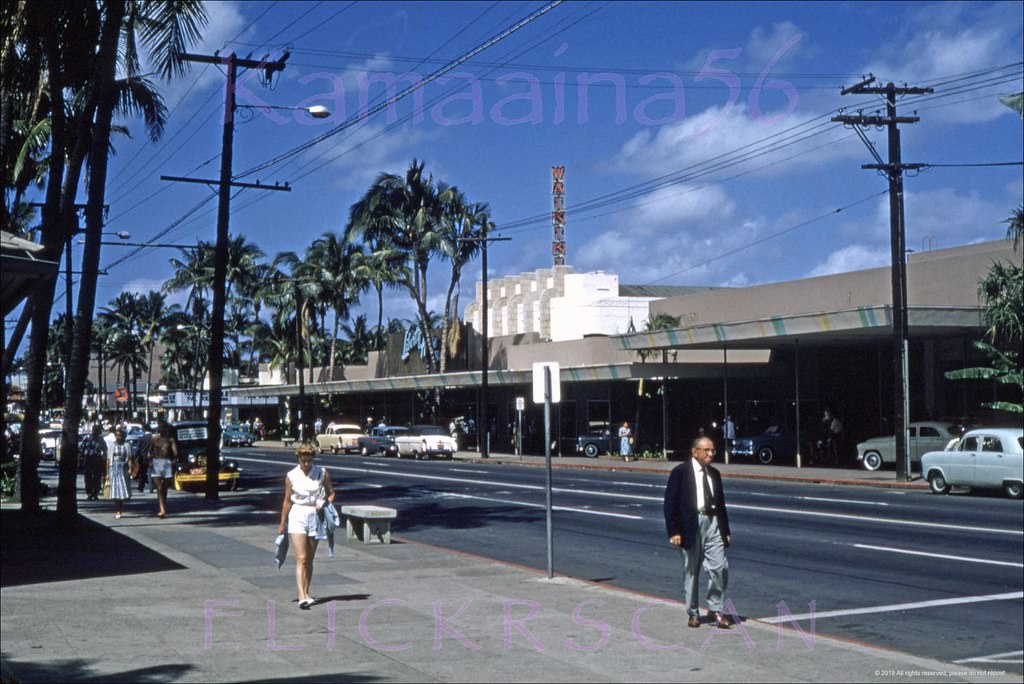Waikiki’s Kalakaua Avenue viewed from the makai (ocean) side of the street, 1958