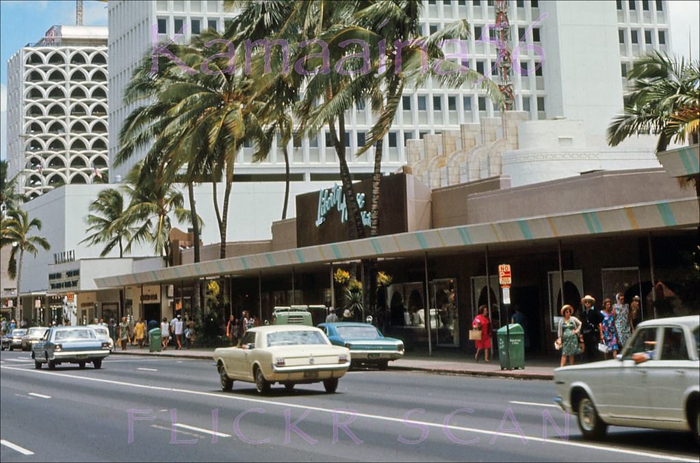 Looking across Kalakaua Avenue at the old Liberty House Waikiki, 1966