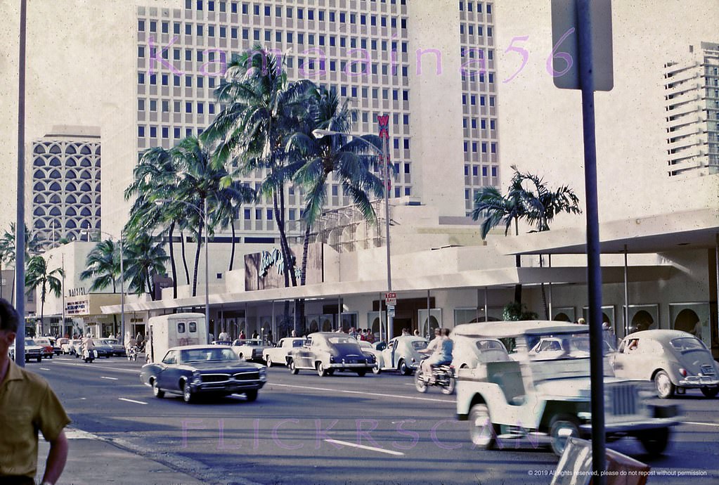 Looking ewa along Kalakaua Avenue from around the Outrigger Hotel, 1968