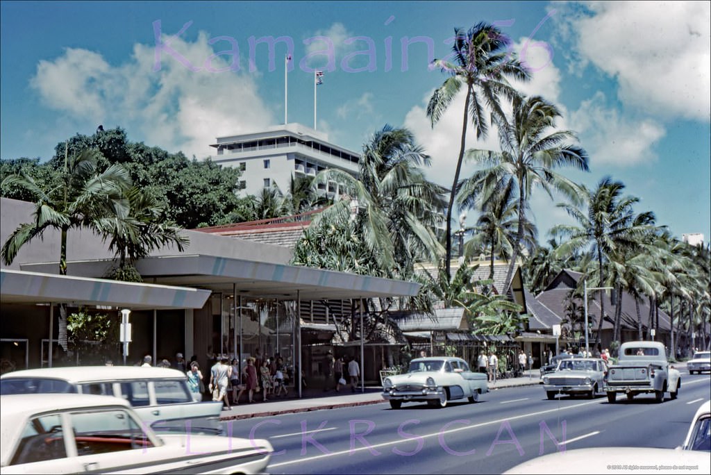 Waikiki’s Kalakaua Avenue looking Diamond Head (more or less east) from around the Royal Hawaiian Shopping Arcade, 1965