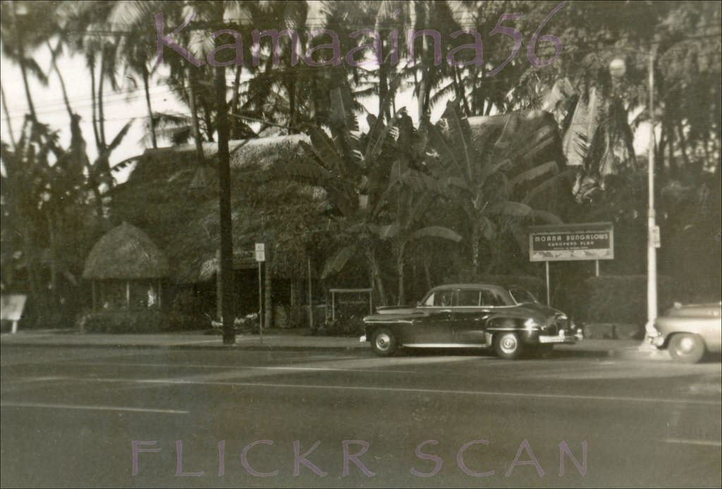Don the Beachcomber’s restaurant and nightclub on Waikiki's Kalakaua Avenue, between Liberty House department store and the old Moana Bungalows which were across the street from the Moana Hotel, 1952