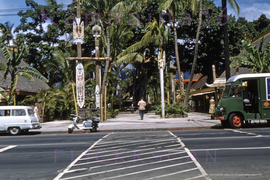 The old International Market Place on the mauka (inland) side Waikiki's Kalakaua Avenue, 1958