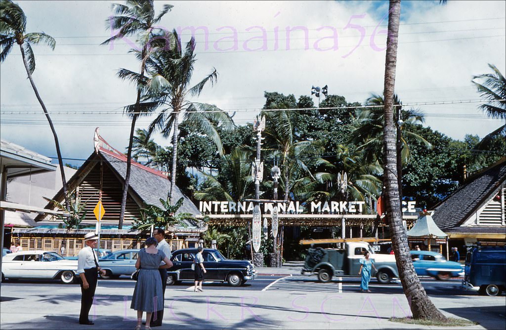 Old Outrigger Arcade looking across Kalakaua Avenue at the now-gone International Market Place, 1960