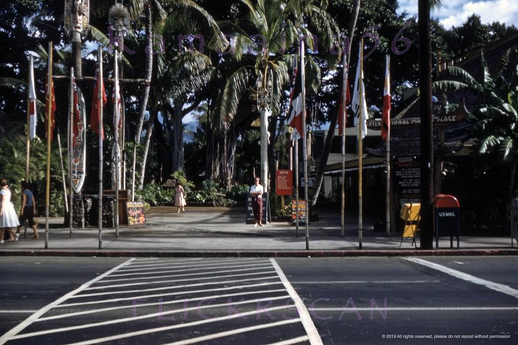 Waikiki’s International Market Place shortly after it opened viewed from across Kalakaua Avenue, 1958