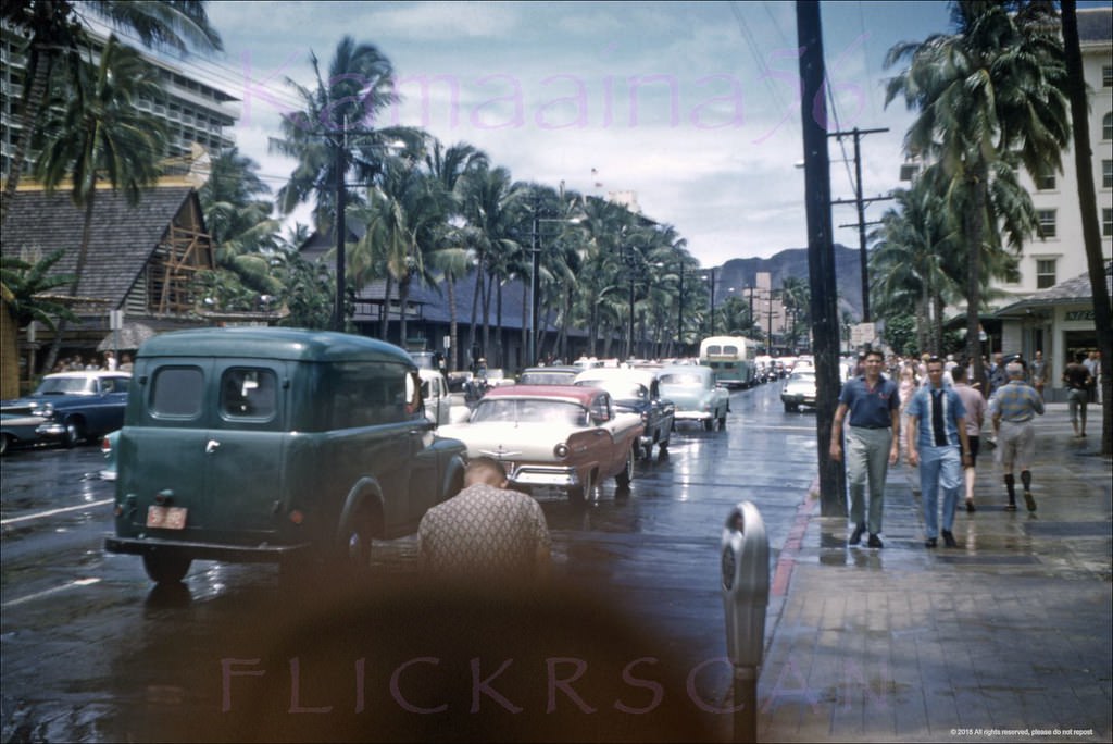 Busy mid-century Kalakaua Avenue when Waikiki was still a low-rise paradise, 1960