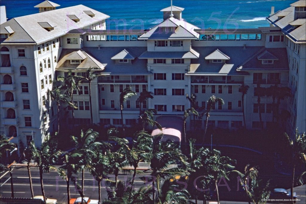 Late afternoon at the 1901 Moana Hotel on Waikiki Beach viewed from the Princess Kaiulani Hotel across Kalakaua Avenue, 1957