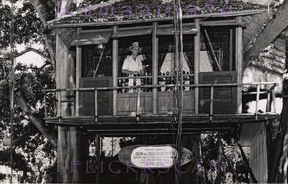 Don the Beachcomber himself, in his banyan tree office at the Waikiki’s International Market Place, 1950s