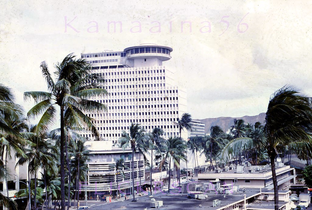 Kalakaua Avenue viewed from an upper floor, probably at the 1967 Holiday Isle Hotel on Lewers Street, 1968