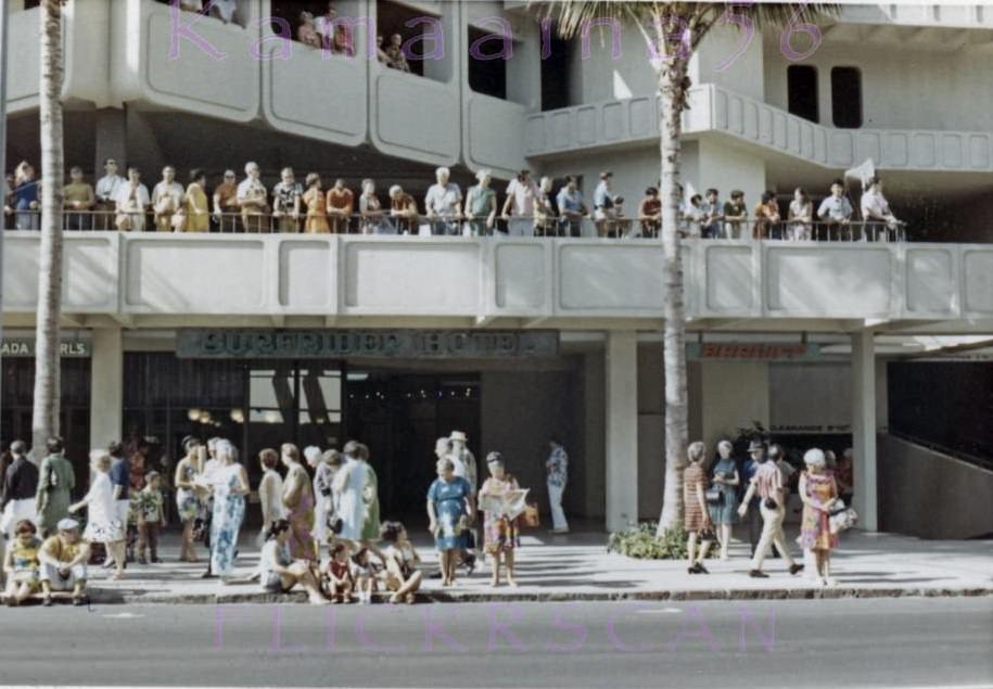 Street front of the 21 floor Surfrider Hotel tower built 1969 on Waikiki’s Kalakaua Avenue, 1969