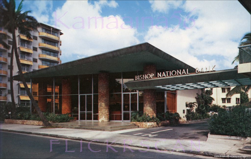 Street level view of the Bishop National Bank’s Waikiki Branch on Lewers road at Kalakaua Avenue, 1950s