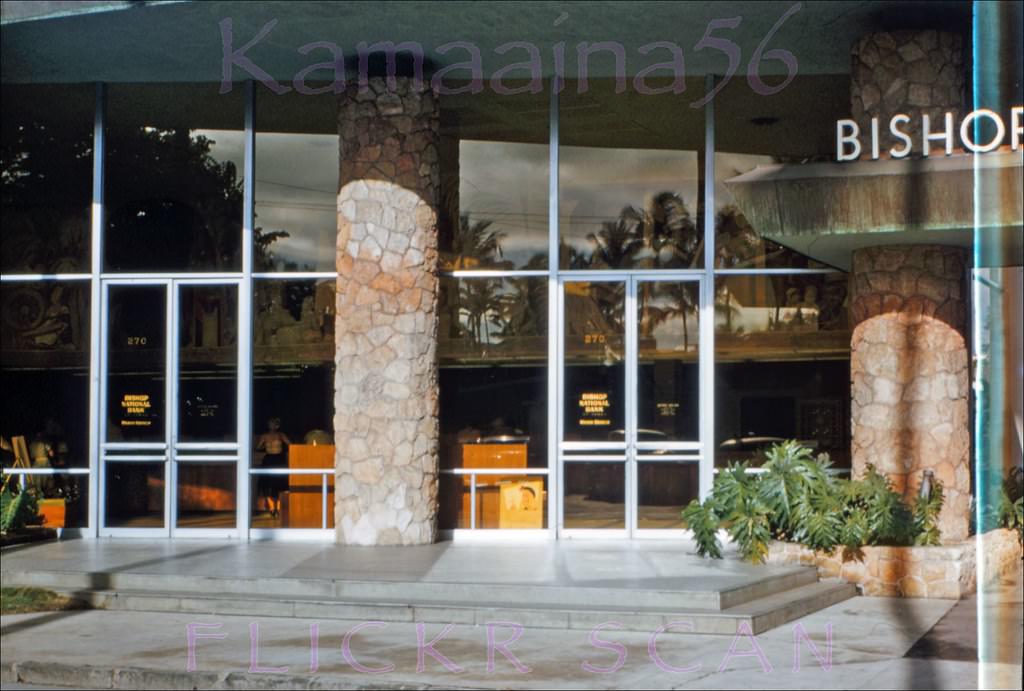 Roadside view of the old Bishop Bank Waikiki Branch on Lewers St. makai of Kalakaua Avenue, 1950s.