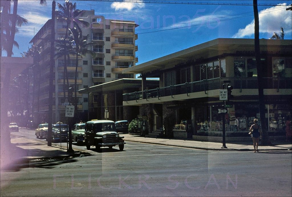 Looking makai (seaward) along Lewers Street from Kalakaua Avenue in Waikiki, 1958