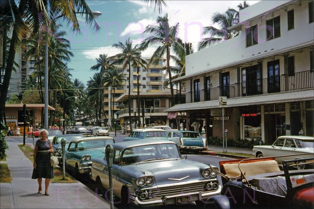 Looking makai along Lewers Street towards the Kalakaua Avenue intersection, 1962