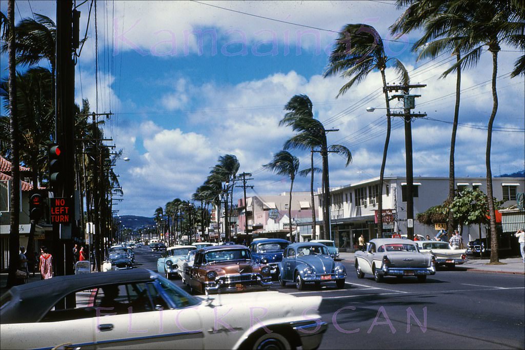 Looking Ewa (more or less northwest here) along Kalakaua Avenue from the Lewers Street intersection, 1960