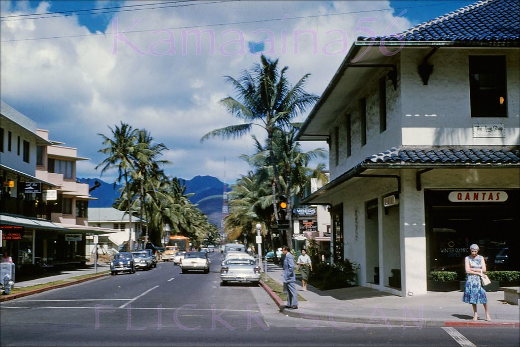 Looking mauka (inland) along Lewers Street at the Kalakaua Avenue intersection, 1960