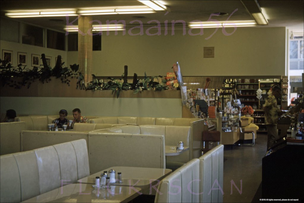 A very rare view of the interior of Stewarts Pharmacy in Waikiki, 1953.