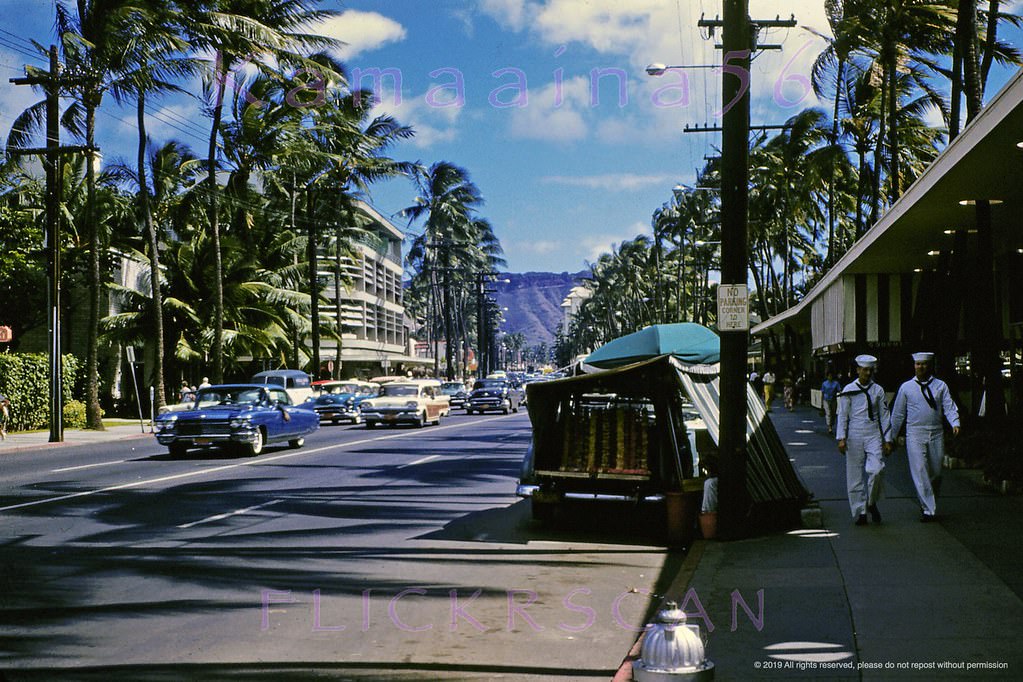 Looking Diamond Head along Kalakaua Avenue from the Lewers Street intersection, 1960