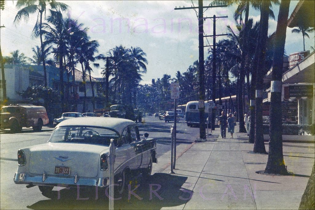 Looking east along Waikiki's Kalakaua Avenue from just west of Lewers Street, 1957.