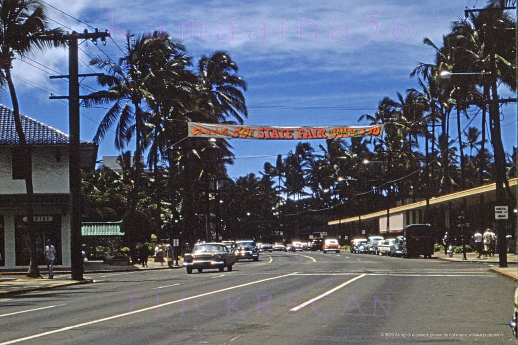 Underexposed but interesting snap looking Diamond Head along Waikiki’s Kalakaua Avenue from near the Lewers Street intersection, 1960