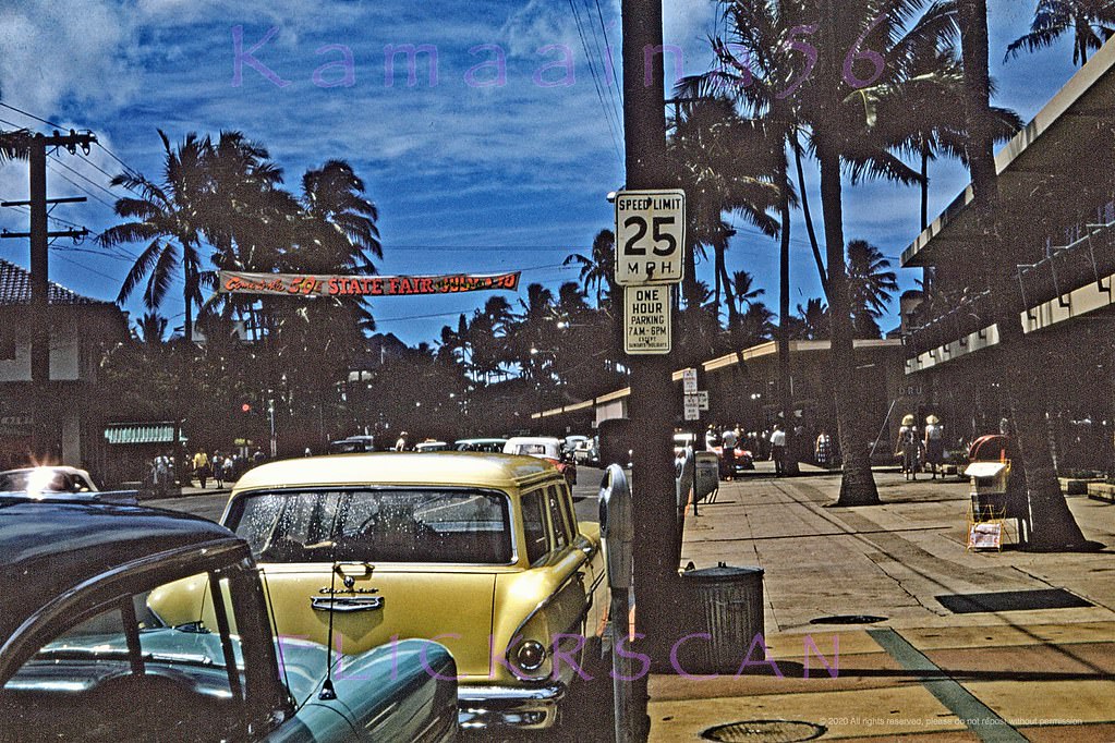 Interesting view looking Diamond Head along Waikiki’s Kalakaua Avenue towards the Lewers Street intersection, 1960
