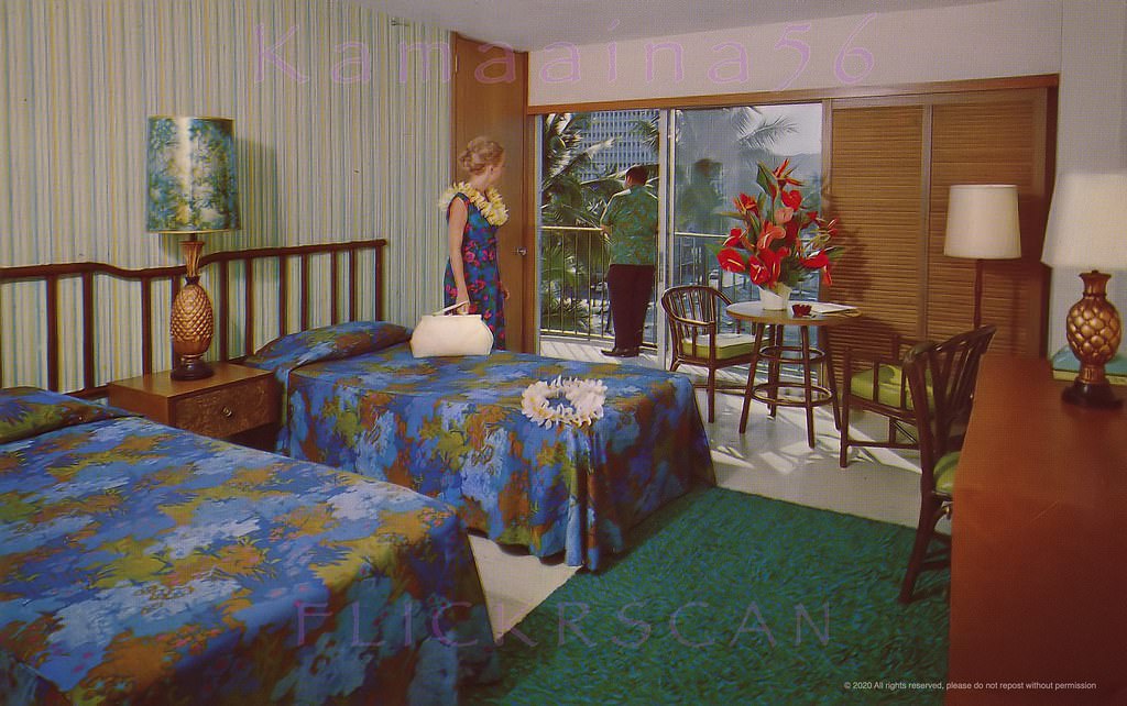 Diamond Head facing room at the Holiday Isle Hotel which is described as “new” in the caption, 1960s.