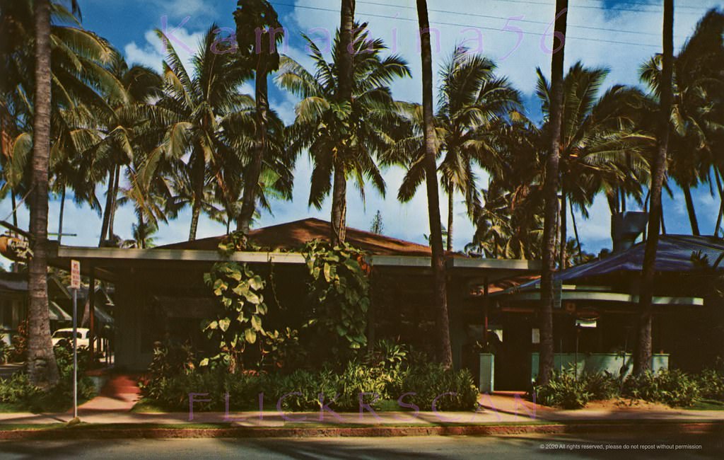 The Coconut Grove Hotel’s cottages at 205 Lewers Road (now Lewers Street) just Mauka (inland) of Kalia Road in Waikiki, 1950s