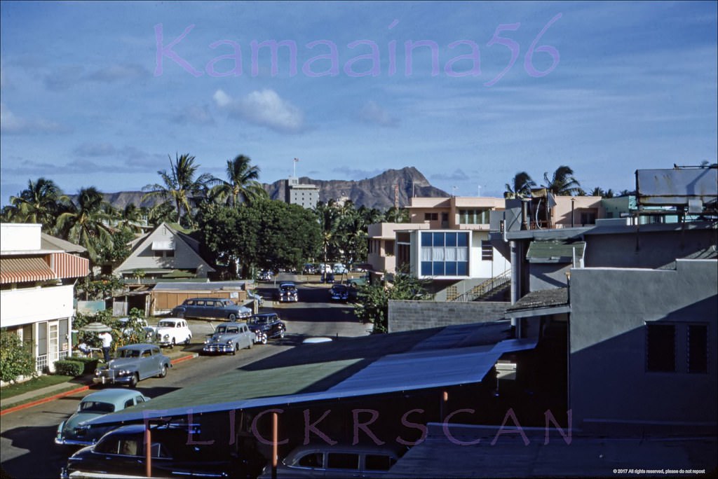 Unusual view of Waikiki’s Lauula Street, a short, rather grim dead end off the ewa side of Lewers Street just north of Kalakaua Ave, 1955.