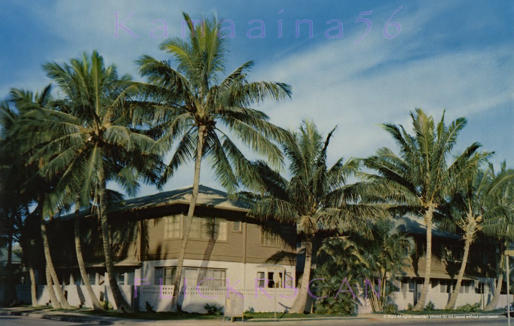 Apartment Hotel on the ewa side of Seaside Avenue at Waikolu Way, just makai of Kuhio Avenue, 1950s.