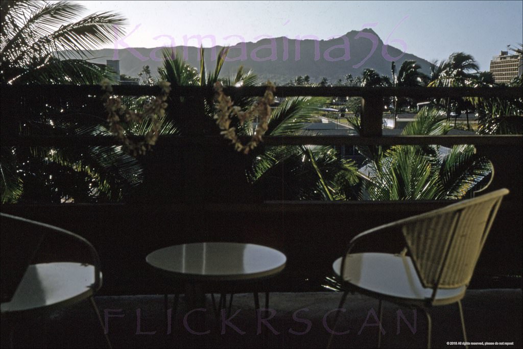 Morning light looking Diamond Head from a second-floor balcony at the 6-floor Islander Hotel on Waikiki’s Kuhio Avenue at Seaside, 1959.