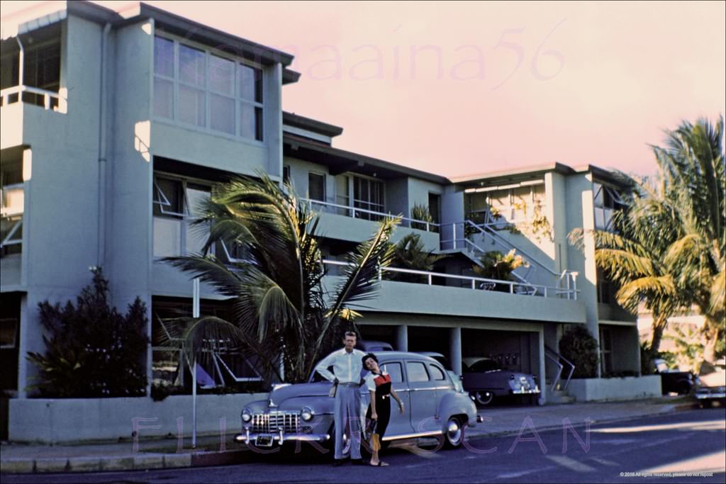 Small apartment building on Kaiolu Street just south of Kuhio Avenue in Waikiki, one block ewa from Lewers Street, 1955