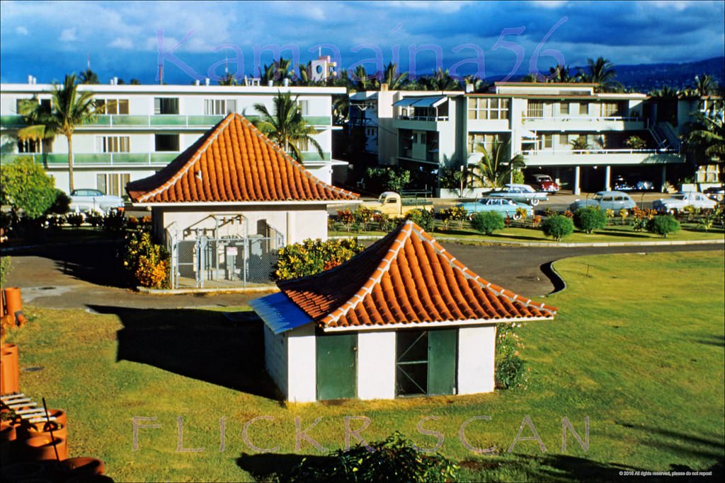 Looking west from the back of the Marjo Apartments on Lewers Street just makai of Kuhio Avenue, towards Kaiolu Street in Waikiki, 1955.