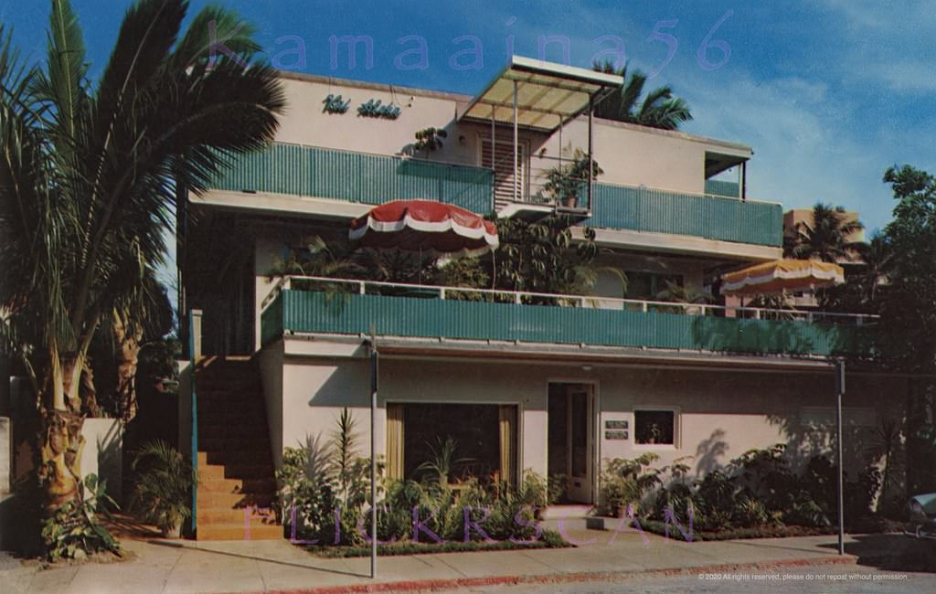 In Waikiki at 235 Saratoga Road, mauka (inland) of Kalia Road and makai (ocean side) of the Breakers Hotel, 1950s