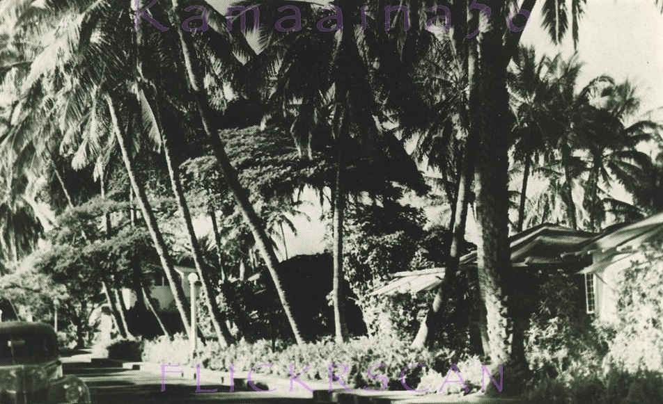 The Willard European hotel cottages in the "garden spot of Waikiki" on Lewers Road at Kalia, 1940s