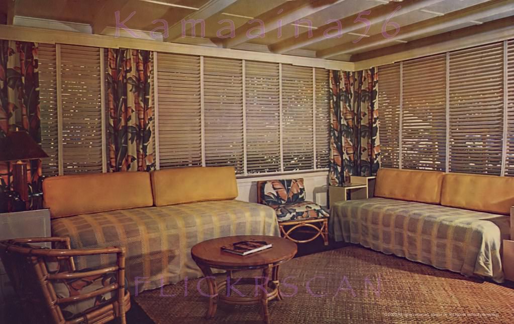 A lanai guest room at the Willard Inn on Lewers at Kalia, Waikiki, 1940s