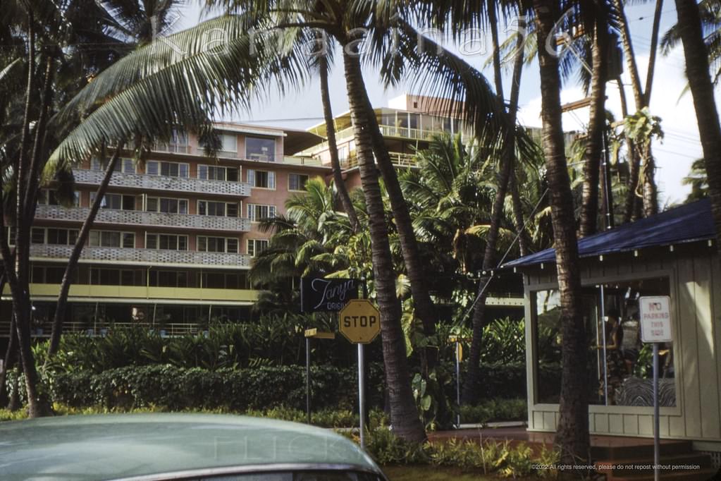 Both wings are now up at the Edgewater Hotel in this view from the corner of Kalia Road (foreground left) and Lewers Road (now Lewers Street, right), 1953