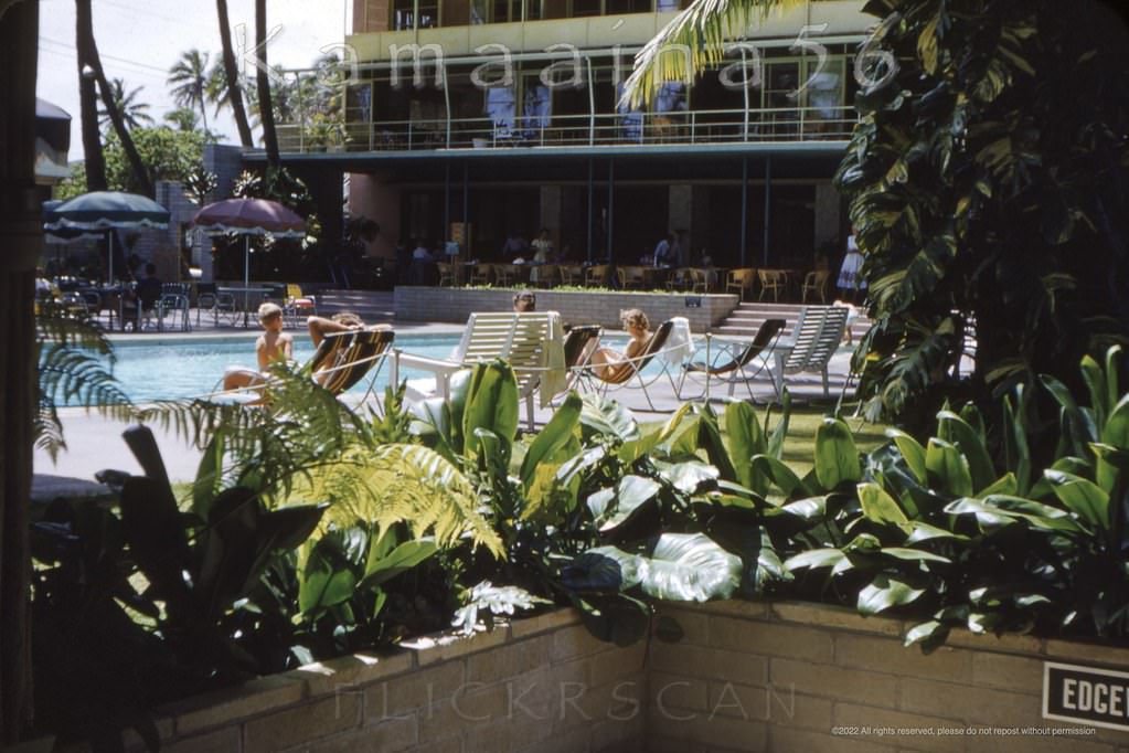 Looking back at Waikiki’s Edgewater Hotel from the pool house, 1951