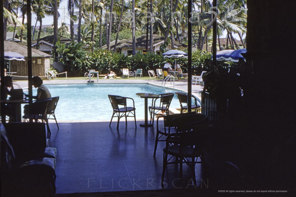 Looking out on the pool from the ground floor of the Edgewater Hotel, 1951