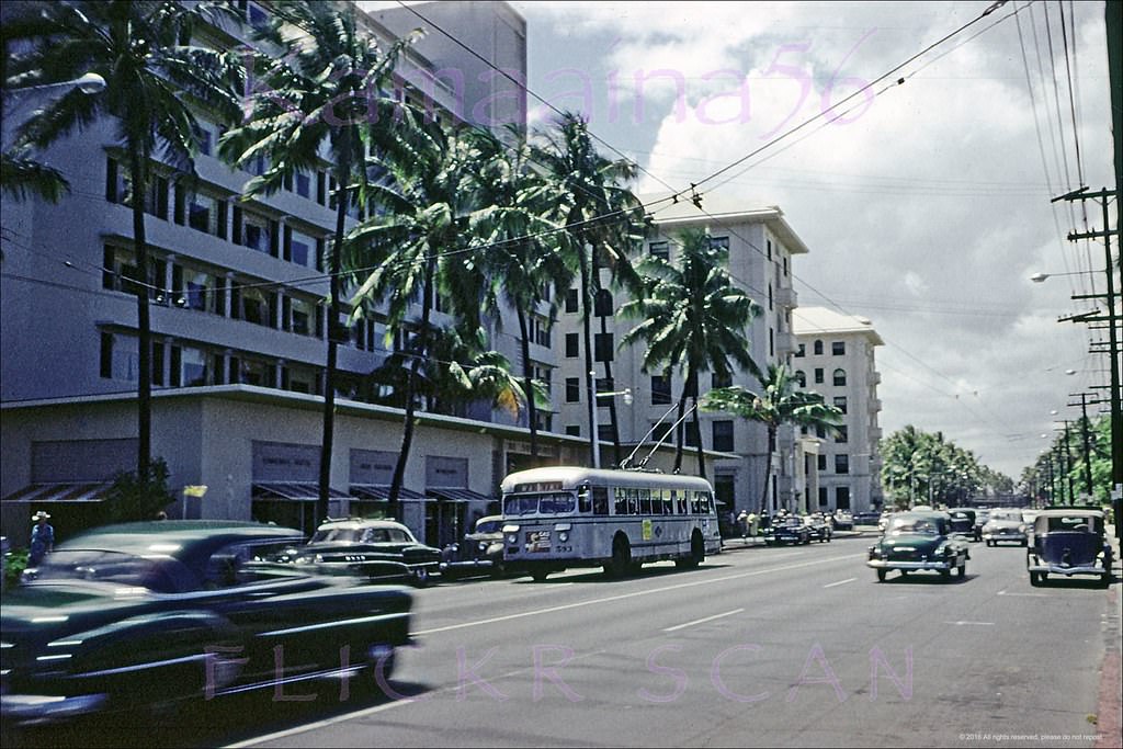 Interesting Street level view along Waikiki’s Kalakaua Avenue in front of the Surfrider Hotel back when it was new, 1953