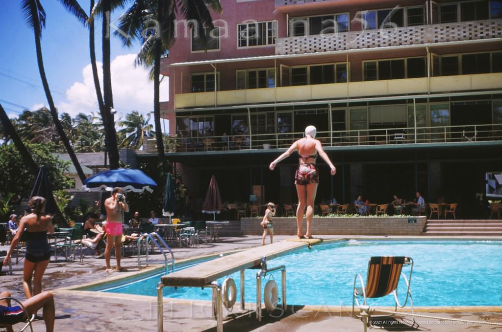 The Edgewater Hotel was located across Kalia Road from the Edgewater Bungalows (visible far left) looking Ewa (more or less west), 1950s