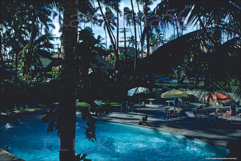 The swimming pool at Waikiki’s Edgewater Hotel seen from the second-floor balcony, 1955
