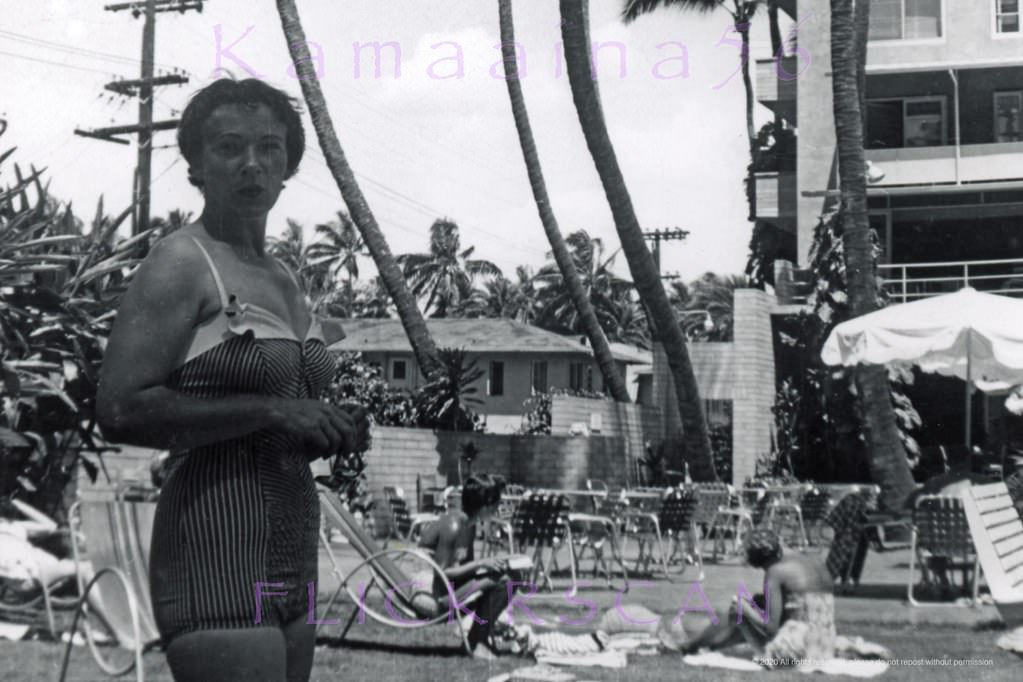 Random snap taken at the Edgewater Hotel pool terrace in Waikiki, 1950s