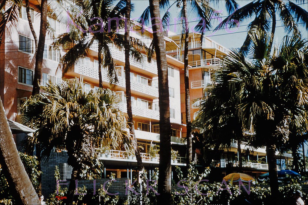 The 1951 and 1953 wings of the Edgewater Hotel viewed from Kalia Road in Waikiki, 1950s