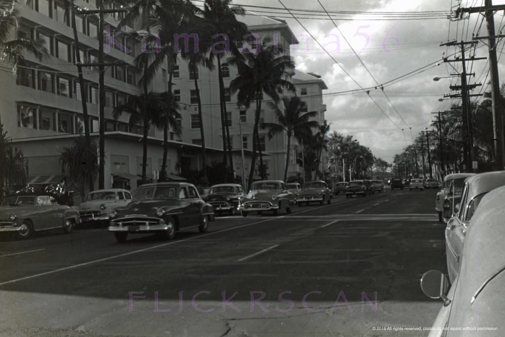 View along Waikiki’s Kalakaua Avenue from near the Kaiulani Avenue intersection, 1950s