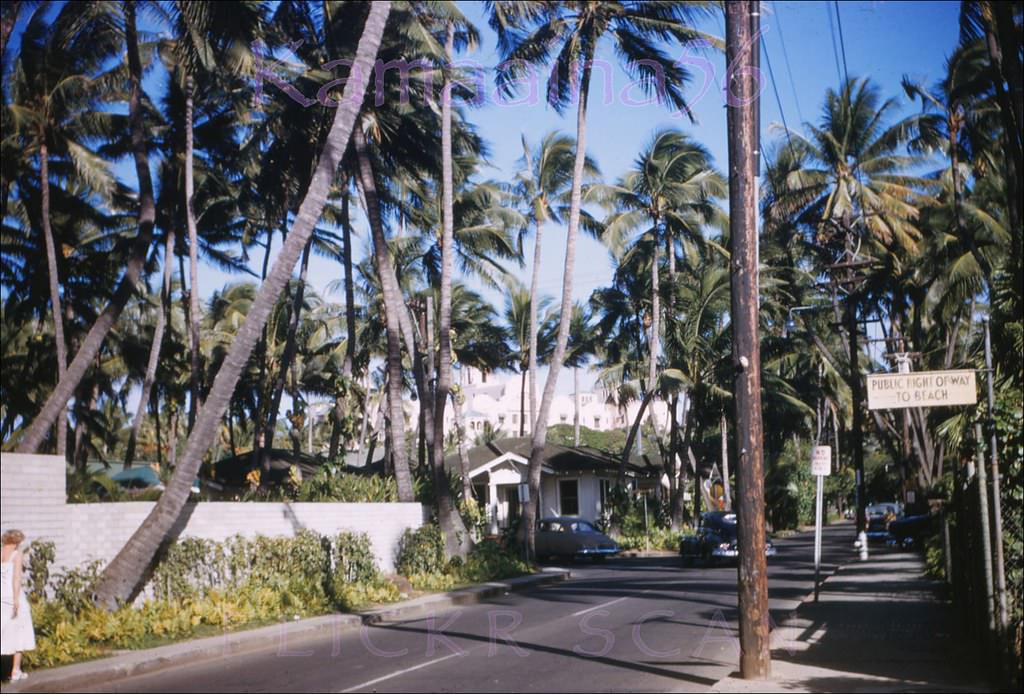 View is along Kalia Road looking towards Lewers Road with the Royal Hawaiian Hotel in the distance, 1952.