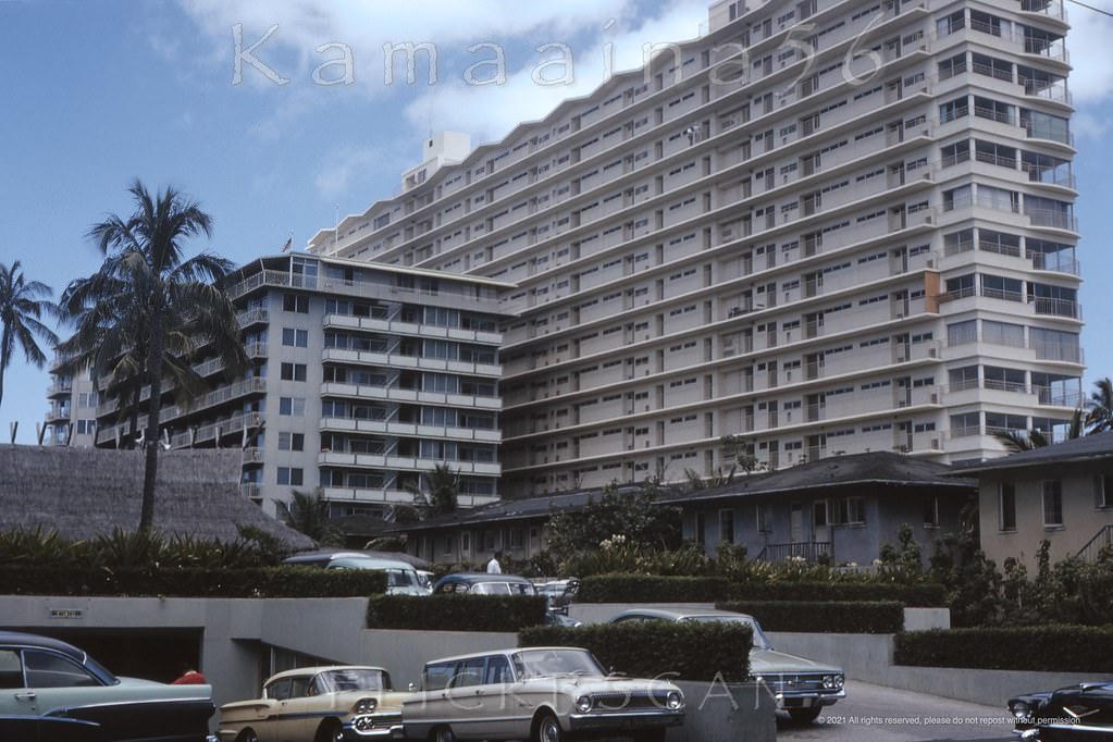 Early hi-rise development seen from the mauka (inland) side of Kalia Road at Beachwalk, 1962